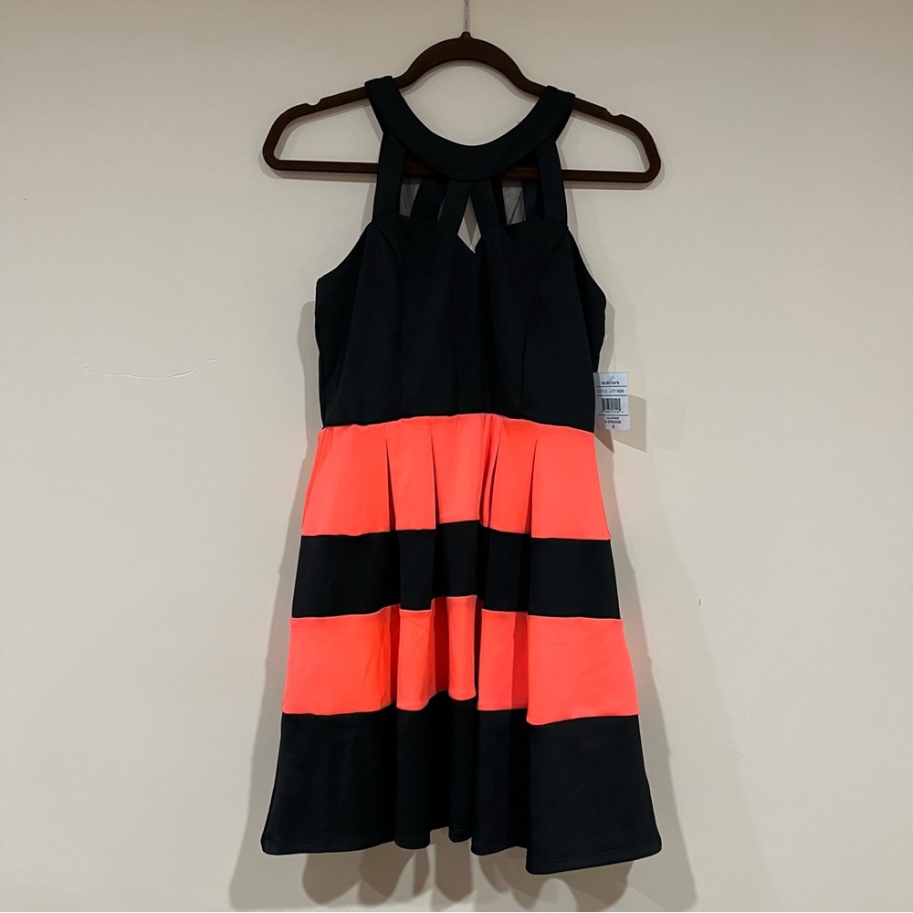 orange/pink and black striped party dress